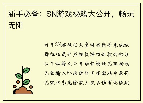 新手必备：SN游戏秘籍大公开，畅玩无阻