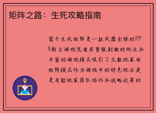 矩阵之路：生死攻略指南