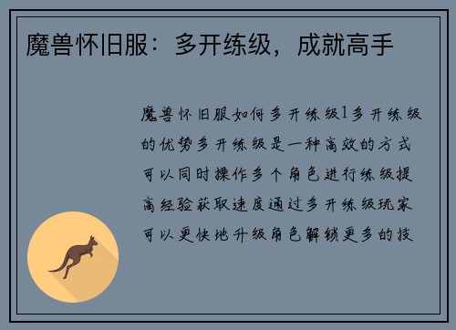 魔兽怀旧服：多开练级，成就高手